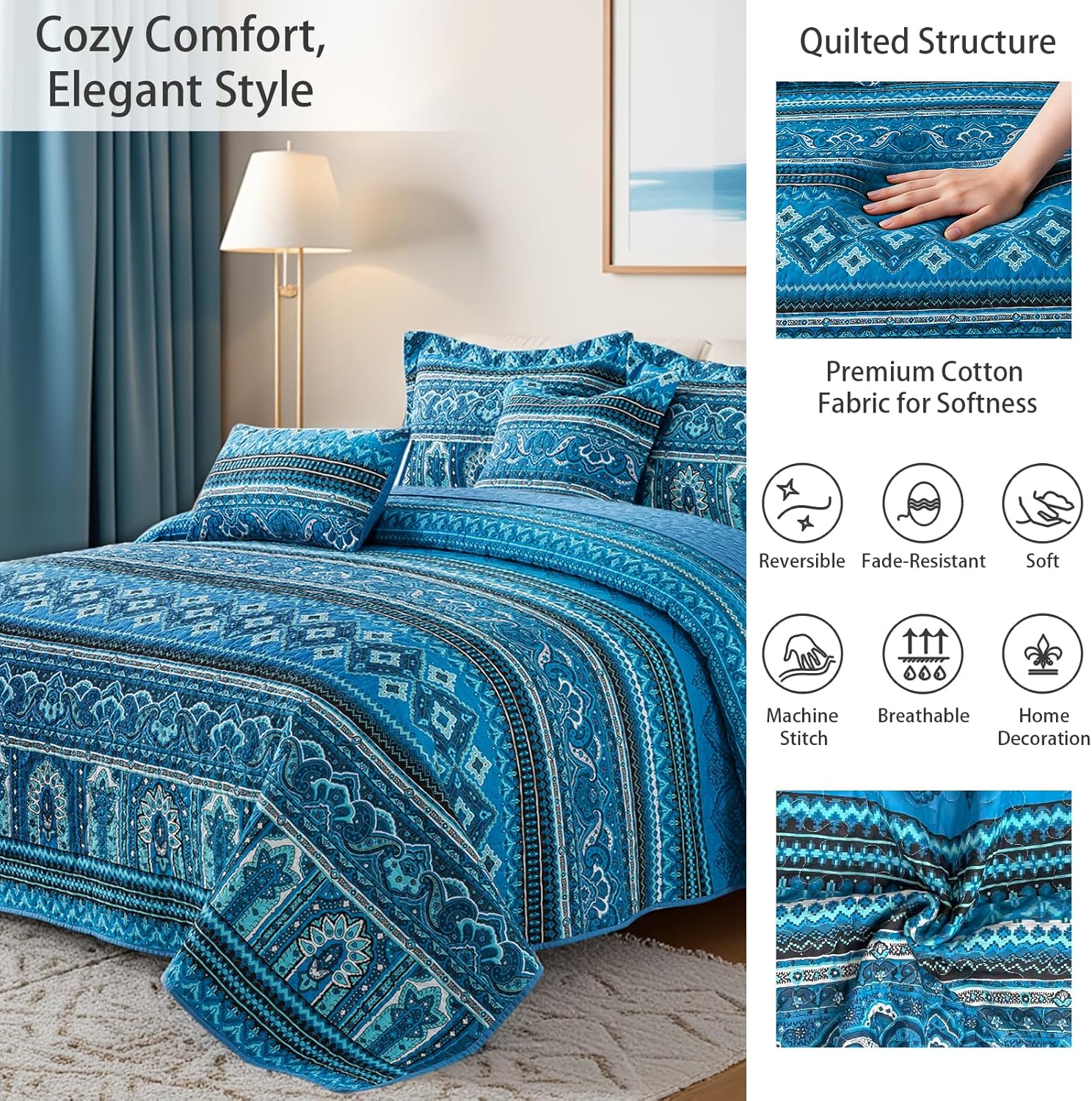 TWINRUN Cotton Quilts King Size, 3 Pieces King Quilt Bedding Set (98 x 106 Inch), Lightweight Boho Quilts King Size for Bed, Blue Stripes Bedspreads for All Seasons, Machine Wash - Image 2