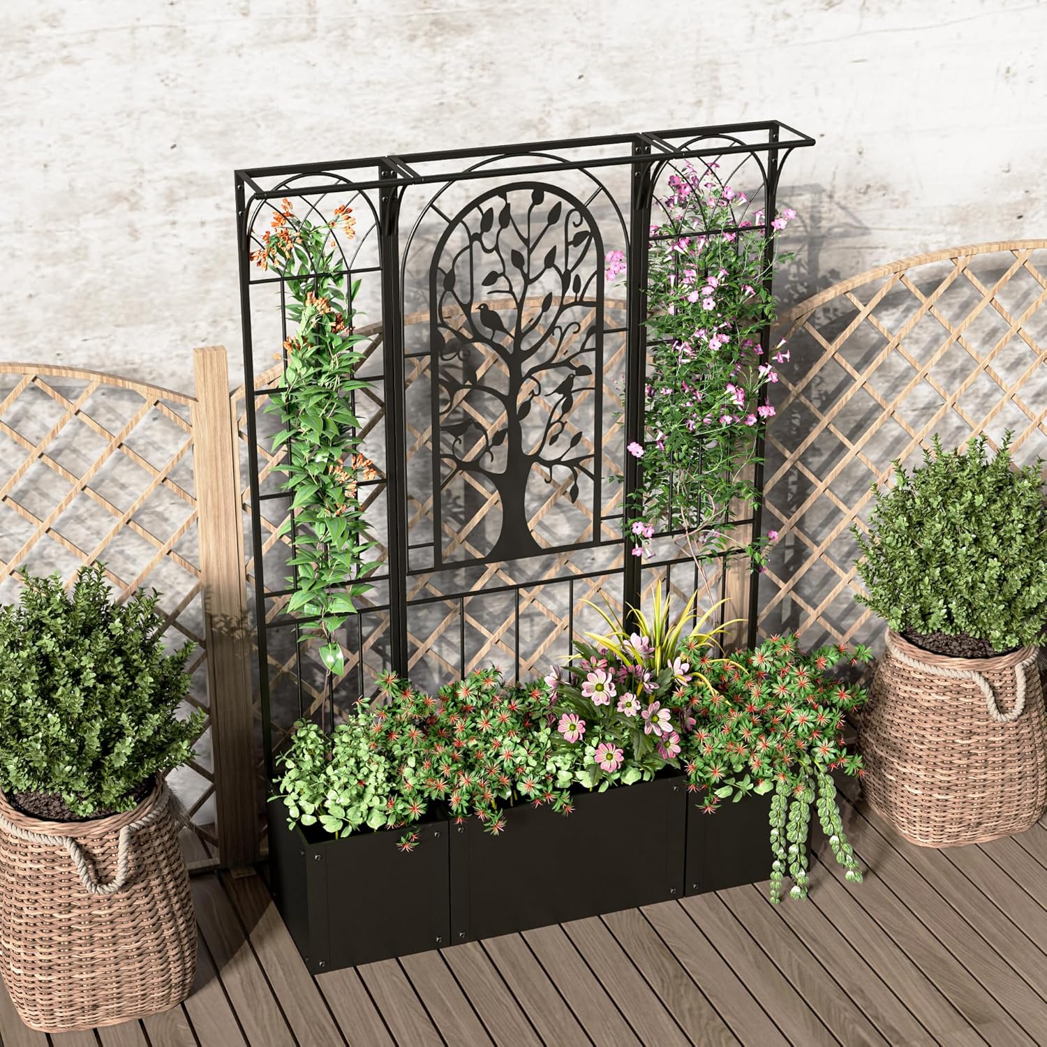 Metal Planter Box with Trellis, Raised Garden Bed with Trellis Privacy Screen, 62 inch Tall Planter Boxes for Climbing Plants, Flowers, Vegetables, Fruits, Balcony and Patio Decor (Black)