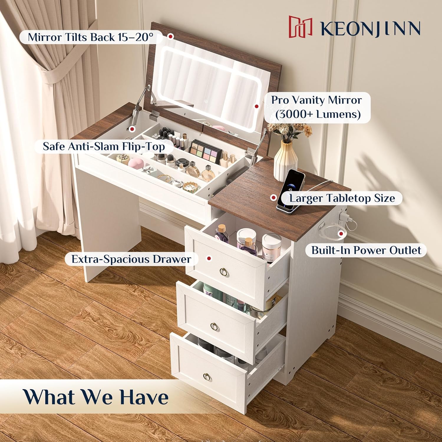 Keonjinn White Flip Top Vanity Desk with Mirror and Lights, 3 Drawers, Dimmable 3 LED Lighting Modes, Charging Station & Hairdryer Rack, 46" W Modern Farmhouse Makeup Dressing Table, NO Chair Included