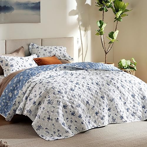 Bedsure Juego de edredón floral tamaño Queen, juego de ropa de cama reversible azul y blanco, colcha de diseño de margaritas, colcha ligera de disponible en Yaxa Colombia