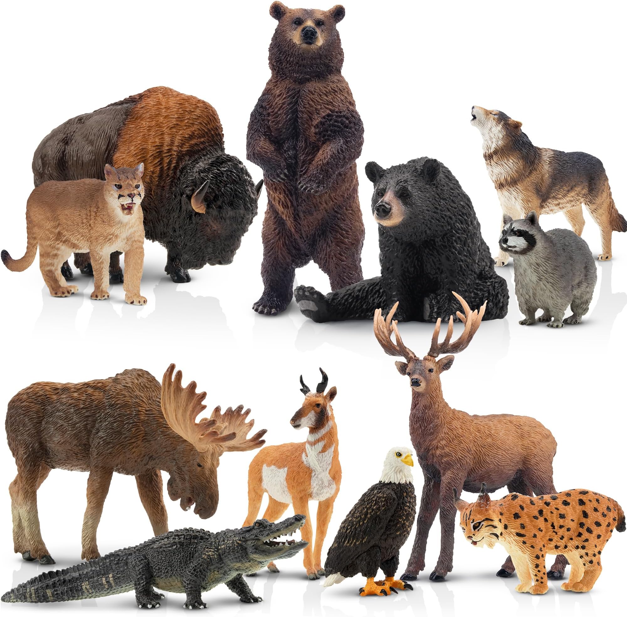 12PCS North American Forest Animal Figurines, Realistic Jungle Animal Set Includes Raccoon,Lynx,Wolf,Bear,Eagle, Educational Toy Cake Toppers Christmas Birthday Gift for Kids Toddlers