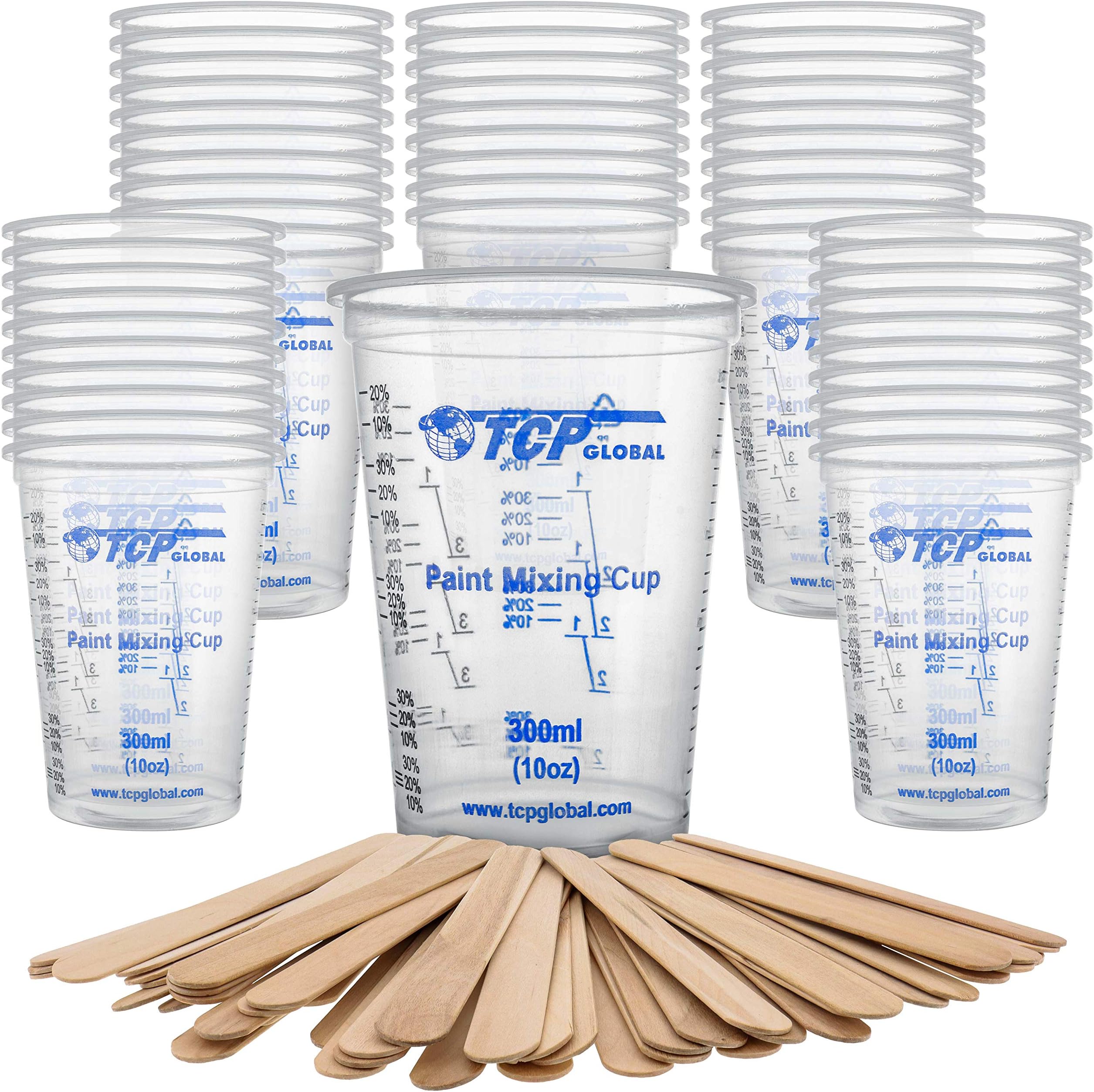 TCP Global 10 Ounce (300ml) Disposable Flexible Clear Graduated Plastic Mixing Cups - Box of 50 Cups & 50 Mixing Sticks - Use for Paint, Resin, Epoxy, Art, Kitchen - Measuring Ratios 2-1, 3-1, 4-1, ML