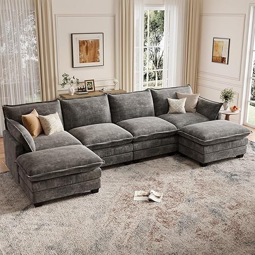Modular Sectional U Shaped Sofa Couches for Living Room, Cloud Couch with Movable Ottoman, Comfy Chenille Sofa with Pillow for Bedroom and Apartment, Dark Gray