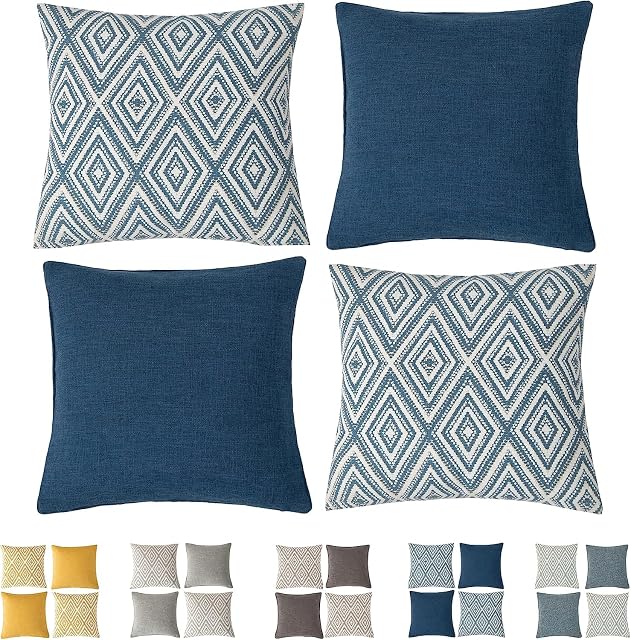 UKHP Linen Cushion Covers 18x18, Navy Blue Boho Cushion Covers set of 4, Square Throw Pillow Covers Decorative for Couch, Bedroom, living room, 18x18 inches