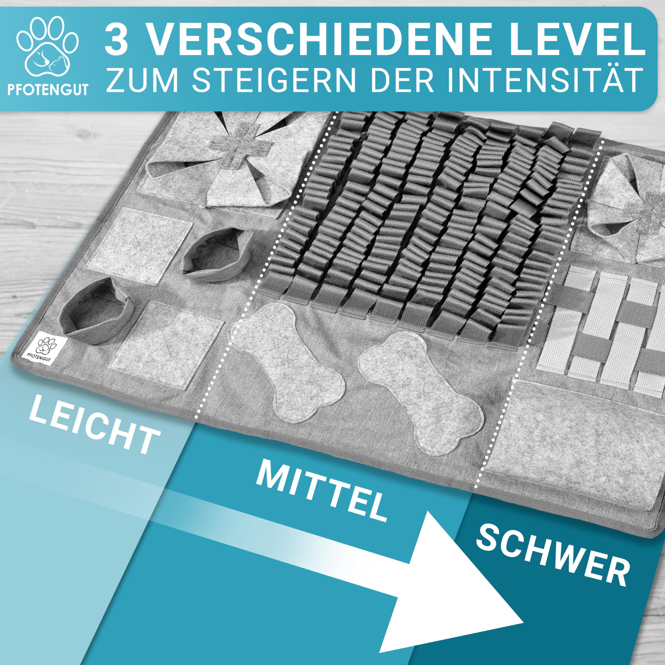 Schnüffelteppich für Hunde - Hochwertiger Schnüffelteppich inkl. 11 Trainingselemente und 3 Schwierigkeitsstufen - Schnüffelteppich Hund - Hunde Schnüffelteppich