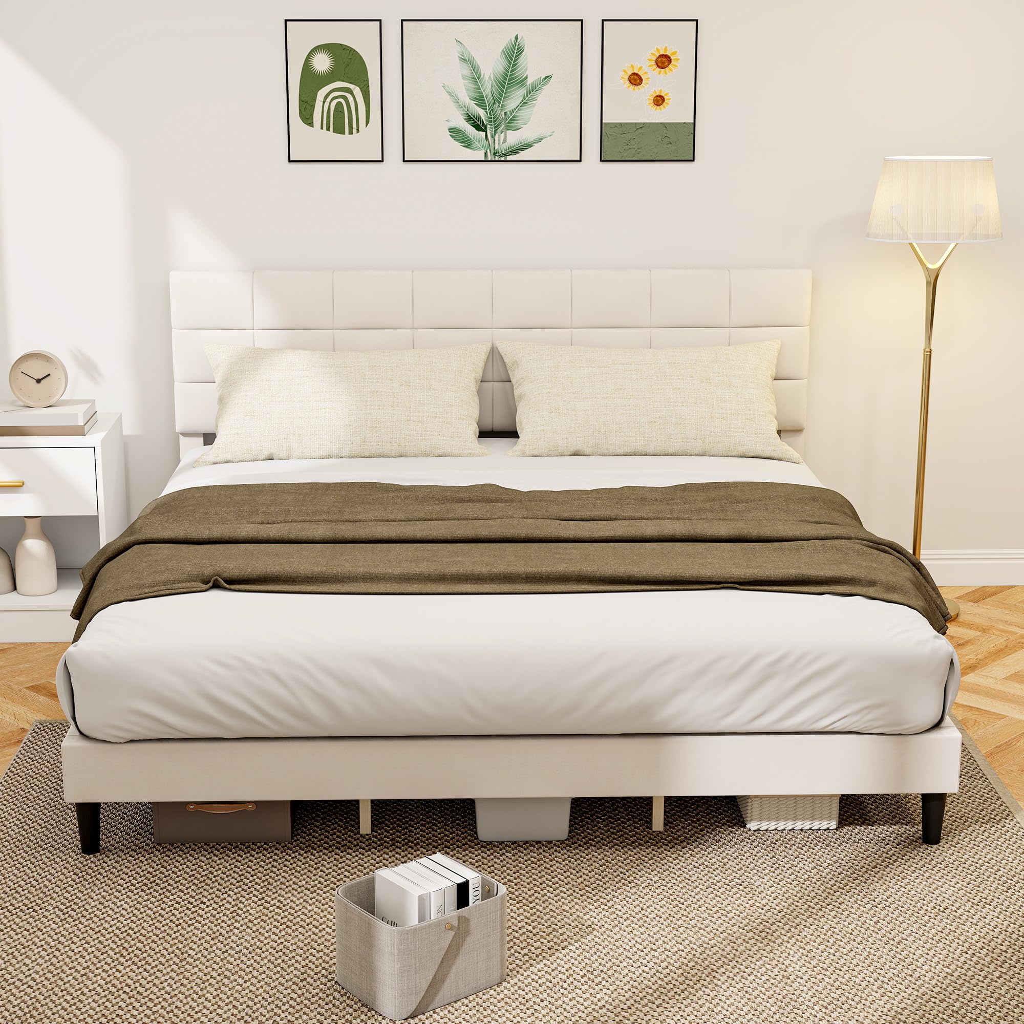 HOMCOM King Bed Frame with Headboard, 1100 lbs Upholstered Platform Bed Frame with Under Bed Storage, Wooden Slat Support, No Box Spring Needed, Easy Assembly, Cream