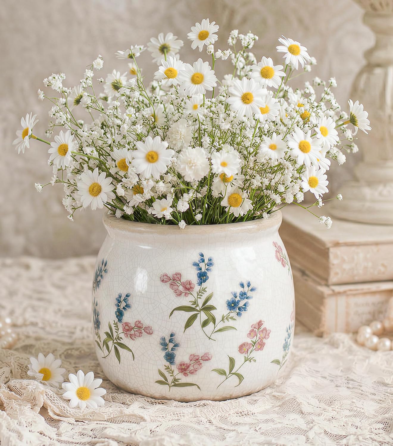 DREAMLOOM Vintage Ceramic Planter for Indoor Plants,6.1" Ice Crack Cottage Scroll Vase Tuscan Decor Flower Pots with Drainage Holes Home Kitchen Farmhouse Antique Decorative Gift (Red-Round)