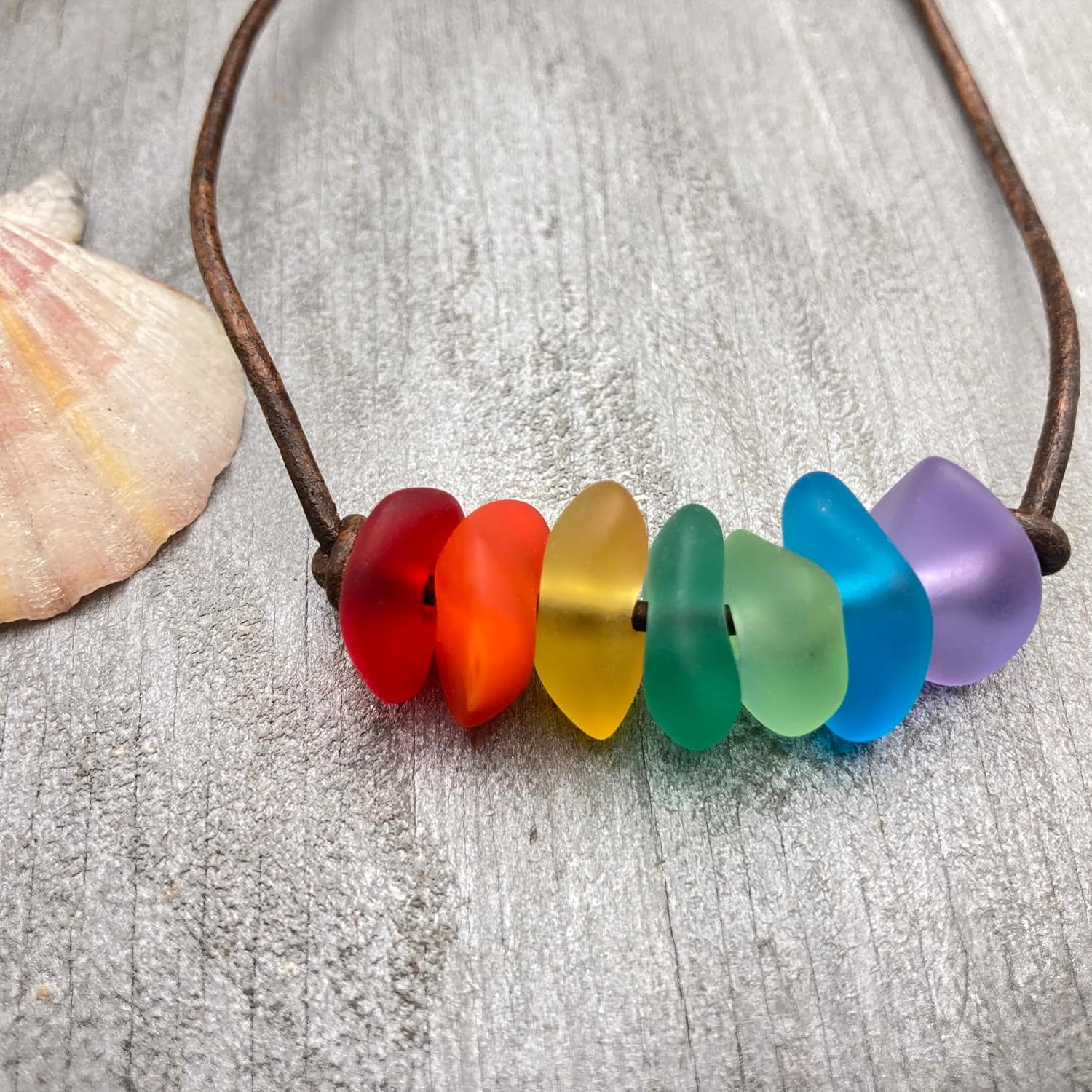 Choker Necklace, Hawaii is called Rainbow State, bring home some Hawaii Rainbow with this leather cord sea glass Necklace, (Hawaii Gift Wrapped, Customizable Gift Message)
