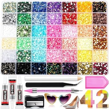 Bedazzling Kit, 42 Colors Flat Back Nail Rhinestones, Stress Relief & Relaxing Shiny Crystal Gem Set with Tweezers, Pickup Tool & Sort Tray, Bling Decor for Nail Art, DIY Craft, Apparel & Shoe Design