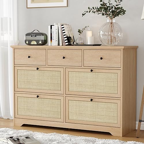 Brafab Mid-century Natural Rattan Dresser with 7 Drawers, Elegant Cane Dresser for Bedroom Wooden, Modern Boho Long Dressers Drawer Dresser TV Stand with Sturdy Stand for Living room, Nursery