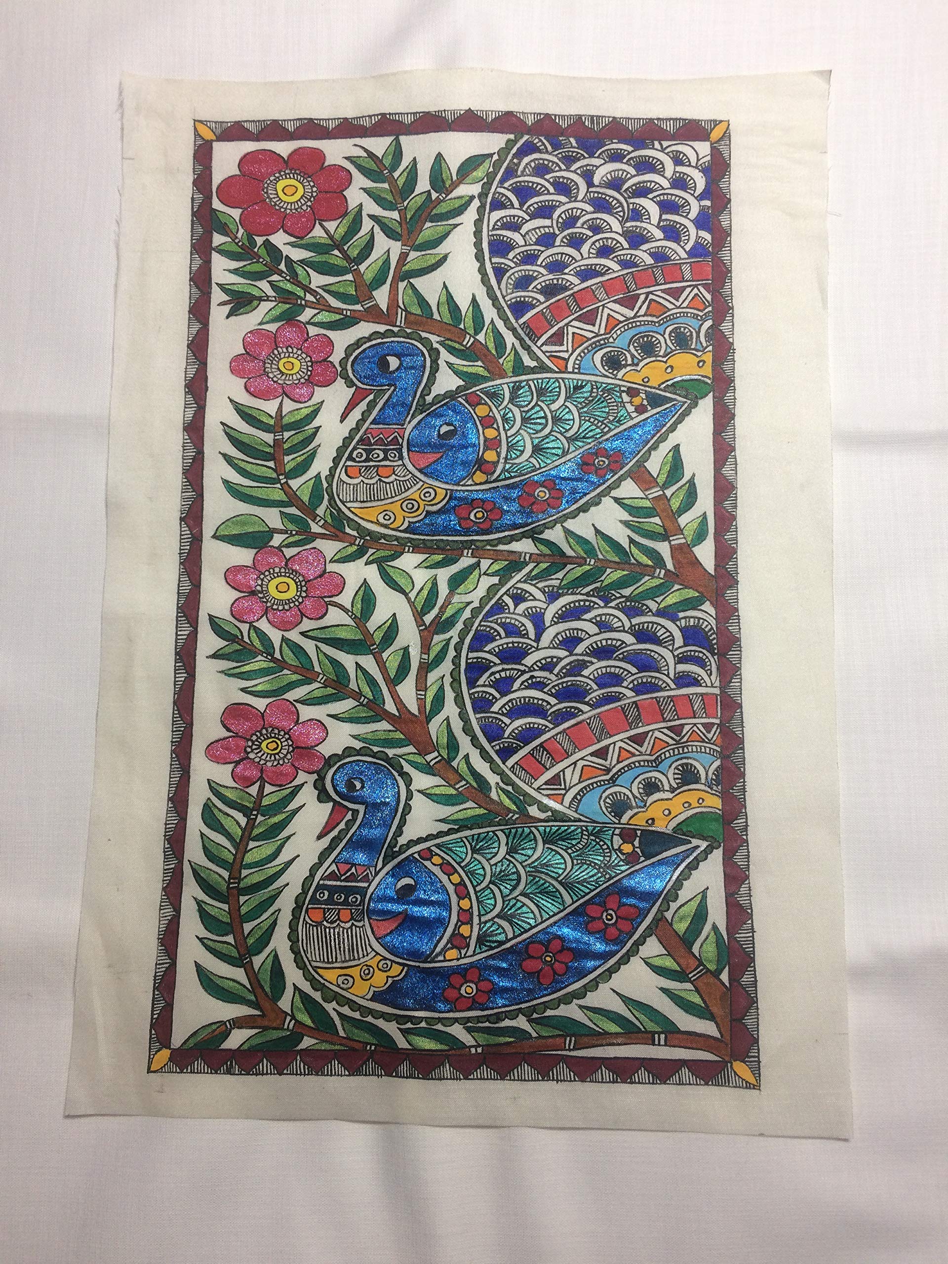 Peinture sur soie Mithila de deux paons fait main art traditionnel indien 34x23cm