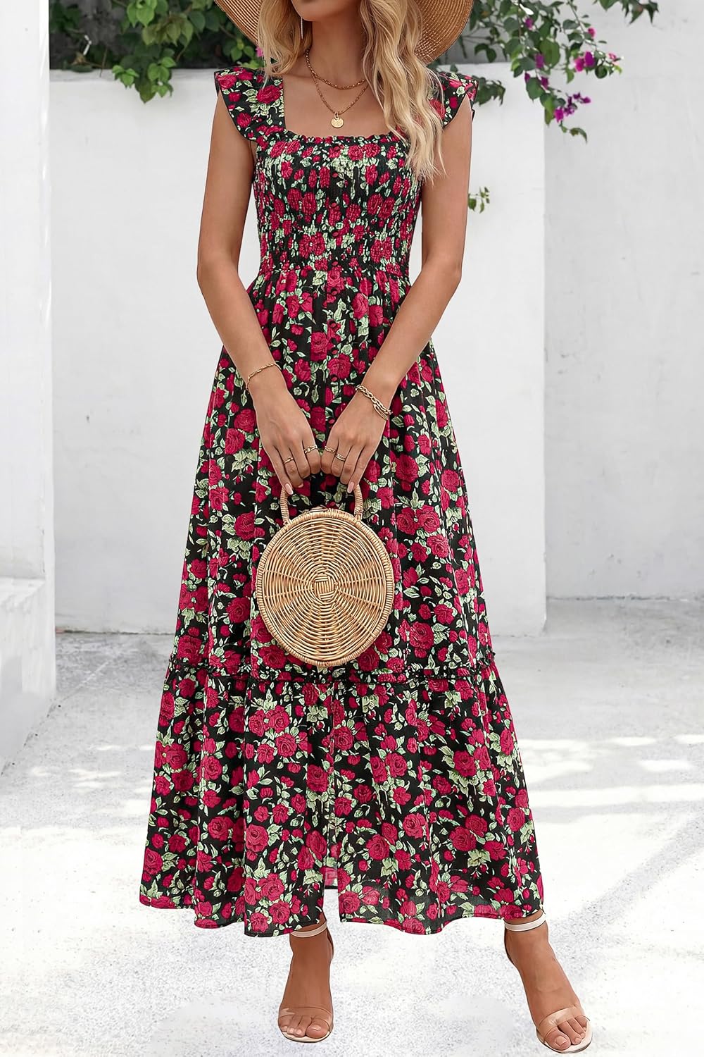 dowerme Womens Summer Maxi Dresses 2026 Casual Ruffle Sleeve Button Smocked Floral Slit Boho Dress Spring Beach Sundress - Image 3