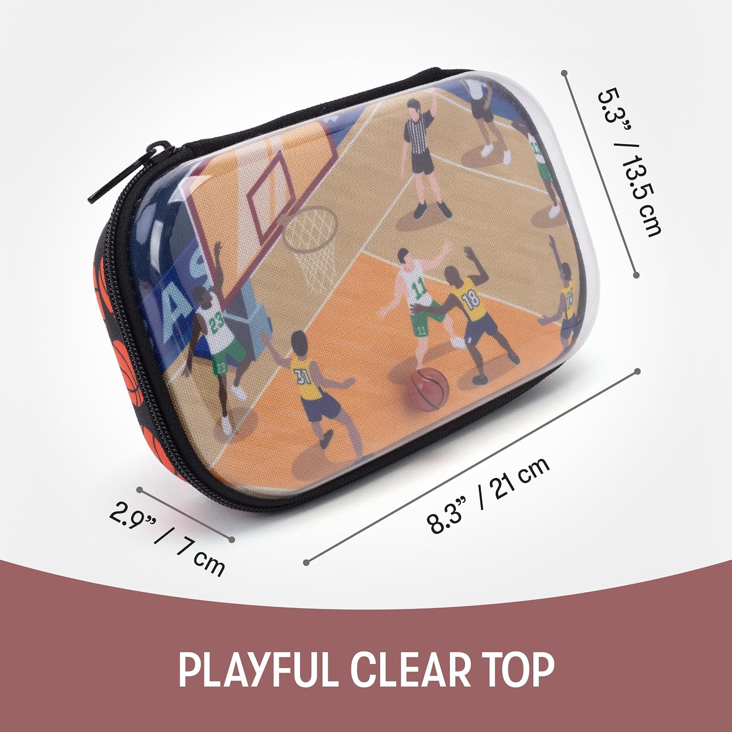 ZIPIT Clear Top Pencil Case for Kids, Durable Pencil Box for School, Large Capacity Stationery Organizer Box, Basketball
