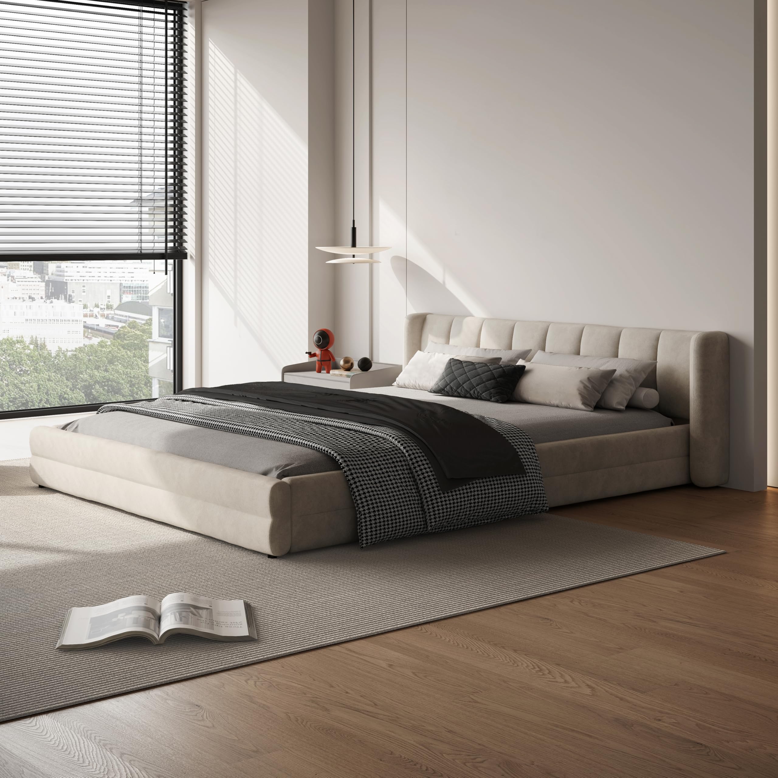 DEINPPA Queen Size Bed Frame with Cloud Soft Headboard, Chenille Upholstered Grounded Wood Base Bed Frame, No Box Spring Needed-Beige