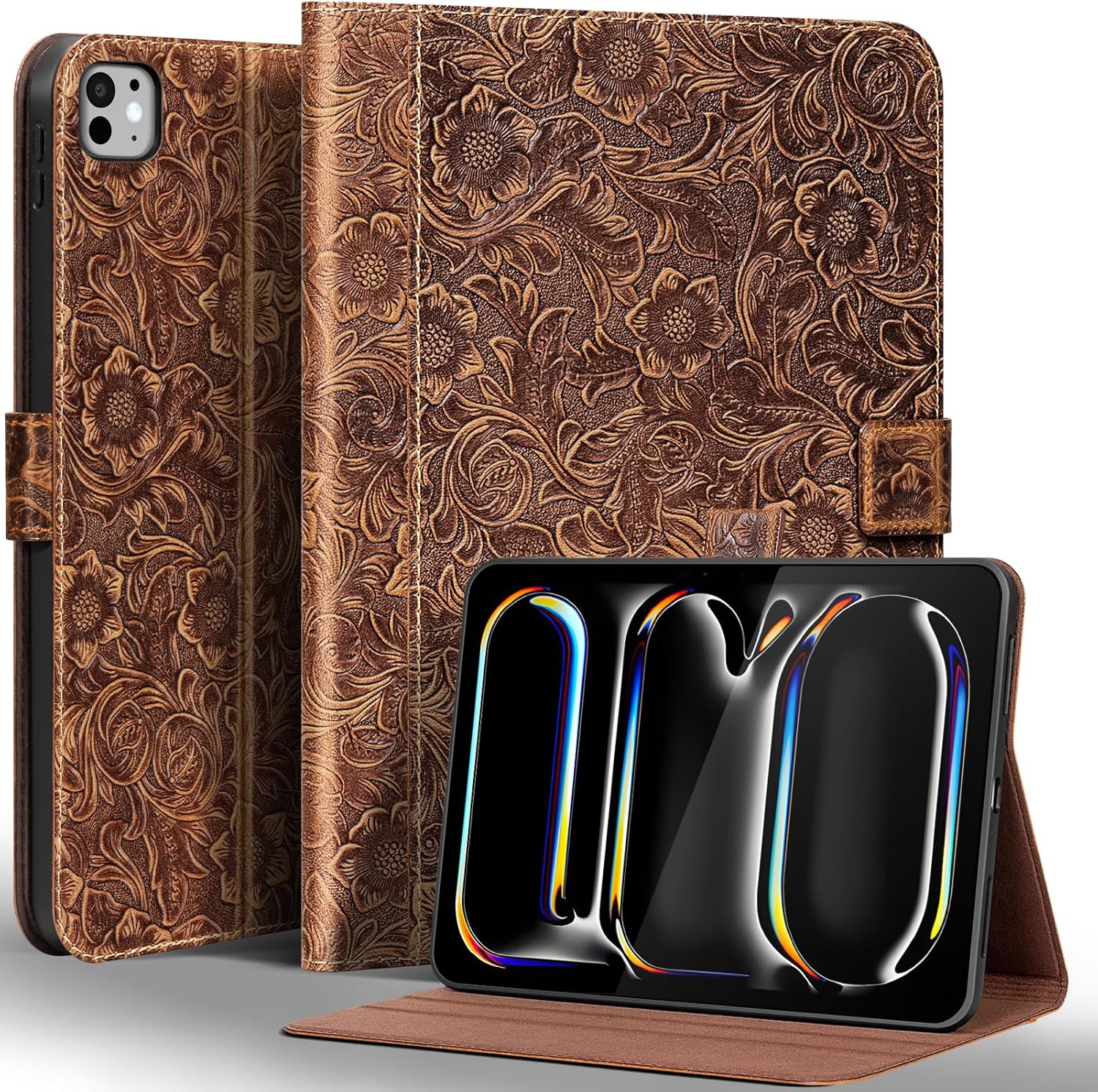 Gexmil Genuine Leather Case for iPad Pro 13 Inch (M5/M4) 2025/2024 with Magnetic Closure,Adjustable Stand,Protective Shockproof Premium Leather Smart Folio Cover Auto Sleep/Wake,Floral Brown