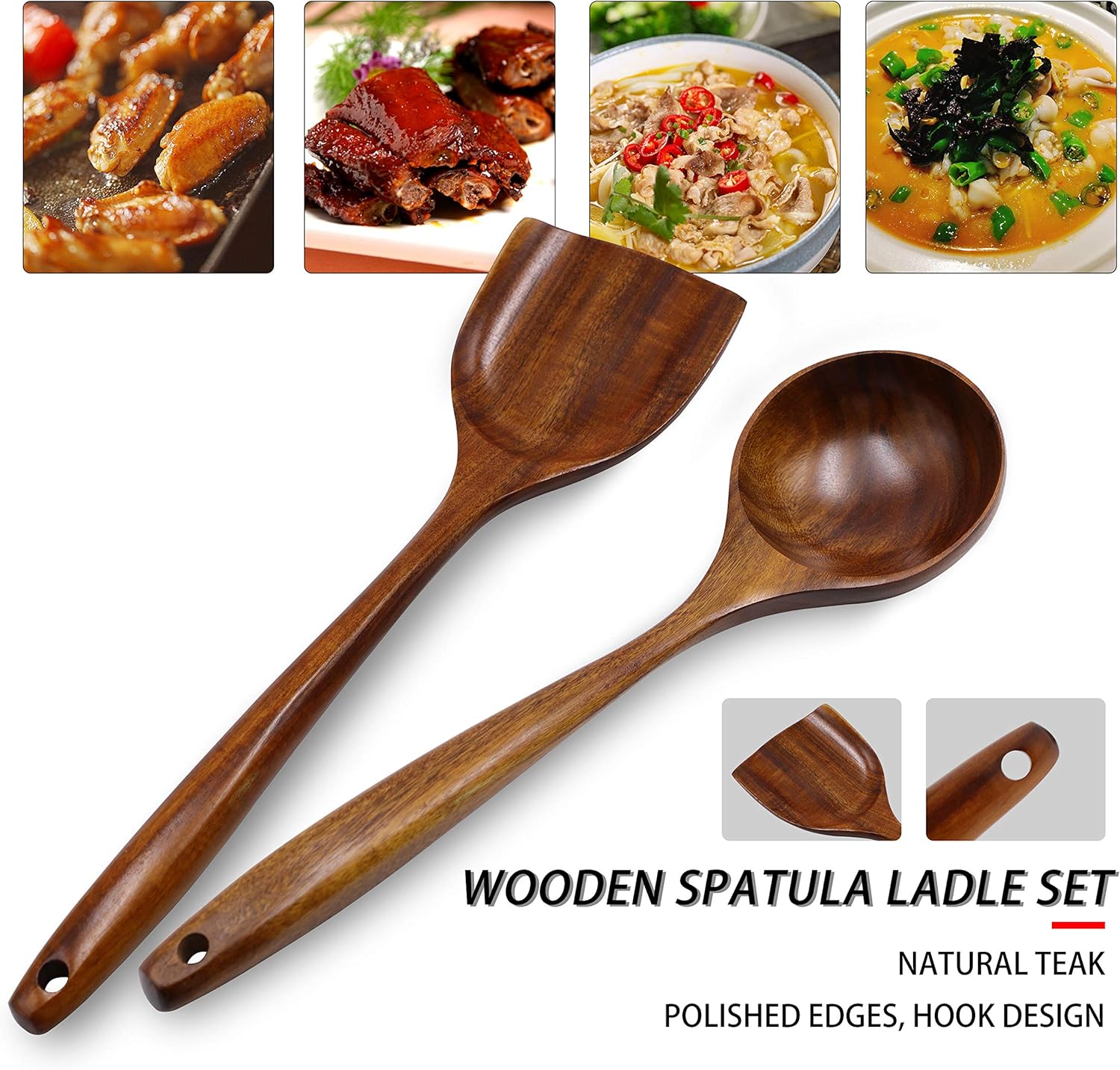FJNATINH Wooden Wok Spatula Ladle Tool Set, 14-inch Long Handle Teak Wok Spatula - Image 4