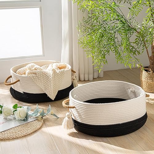 Miniatura 5 de KAKAMAY Cestas tejidas para almacenamiento (16 x 8 pulgadas), cesta de manta para organizar la sala de estar, cesta de cuerda de algodón tejida para