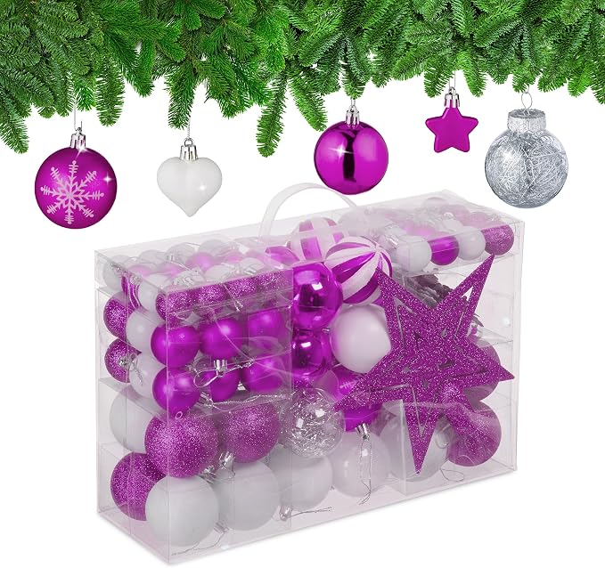 Relaxdays Set 101 Bolas Árbol Navidad, Plástico, Adornos Navideños con Bolitas y Estrella, Decoración, Fucisa/Blanco