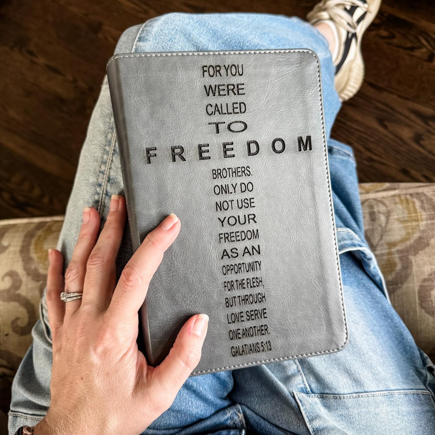 JOY CREATIVE ESV Student Study Bible - Gray | FREEDOM | Personalized with Name | Custom Design is Hand Lettered and Laser Engraved