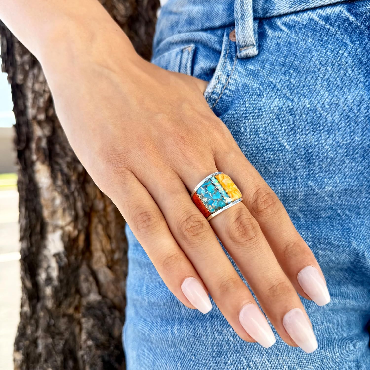 Turquoise Network Wide Statement Ring in Sterling Silver Genuine Gemstones & Gemstones (SELECT color) - Image 2