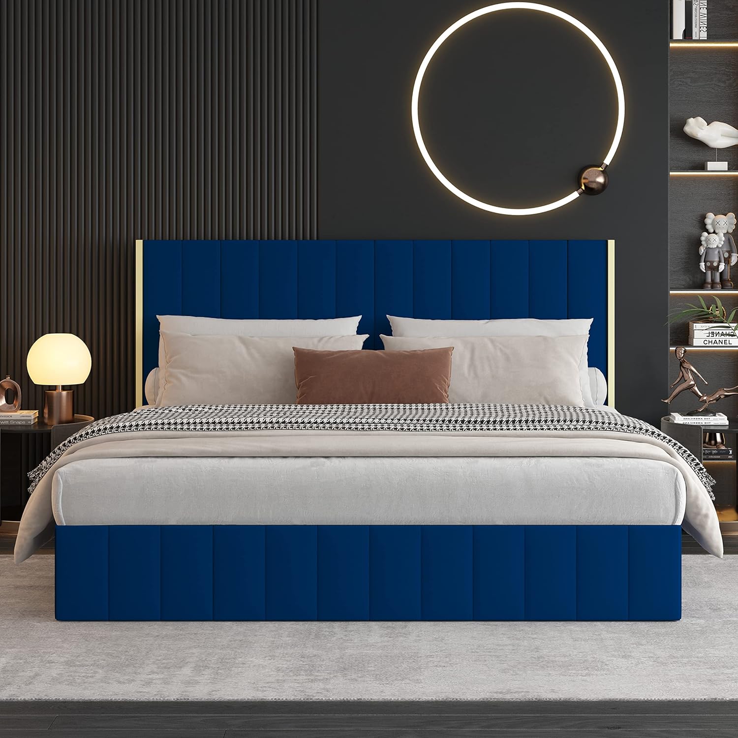 Debercu Upholstered-Bed-Frame-King-Size - High Headboard with Gold