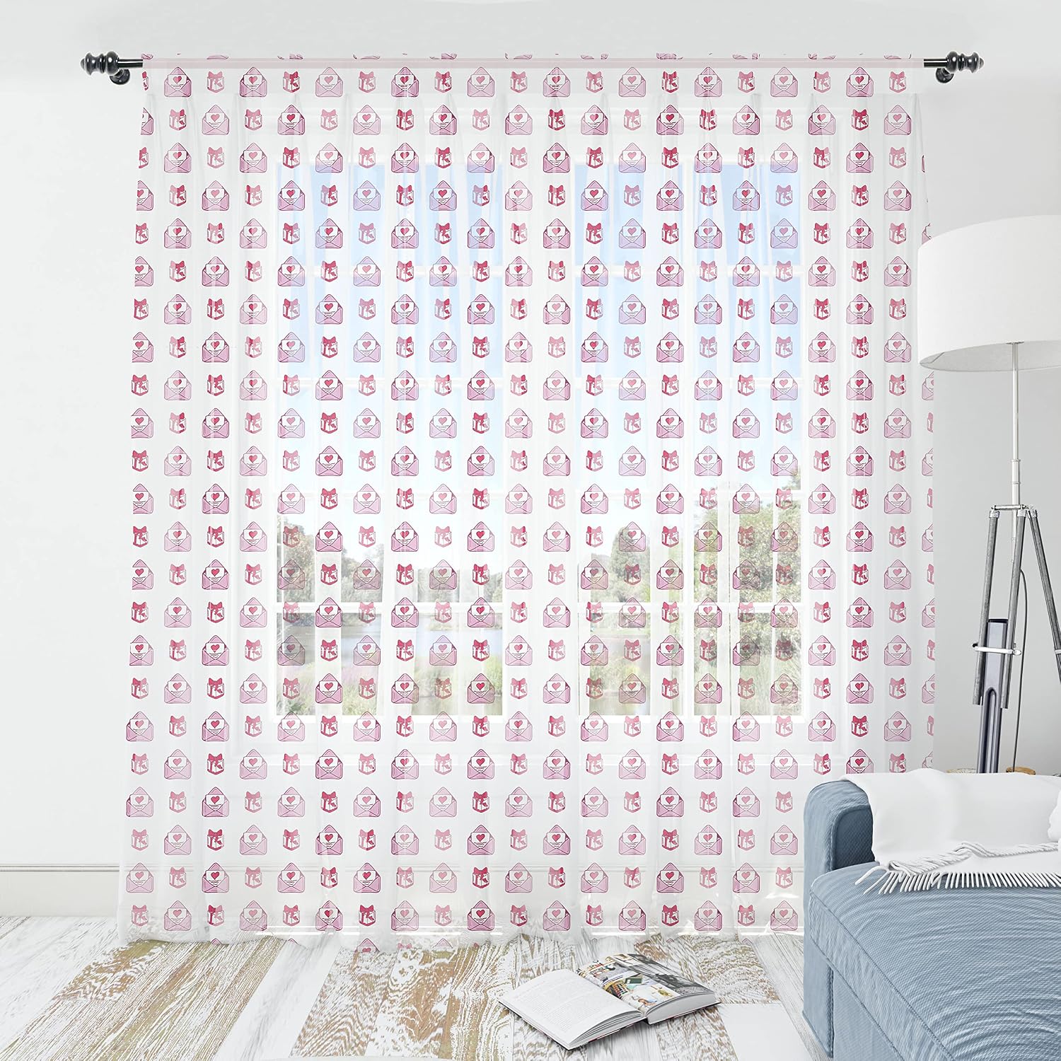 Lunarable Valentines Day Tulle Curtains with Rod Pocket, Romantic Love Letters and Gift Boxes Pattern, Sheer Drape for Wedding Party 2 Panels, 108" x 84", Dark Pink Dark Fuchsia