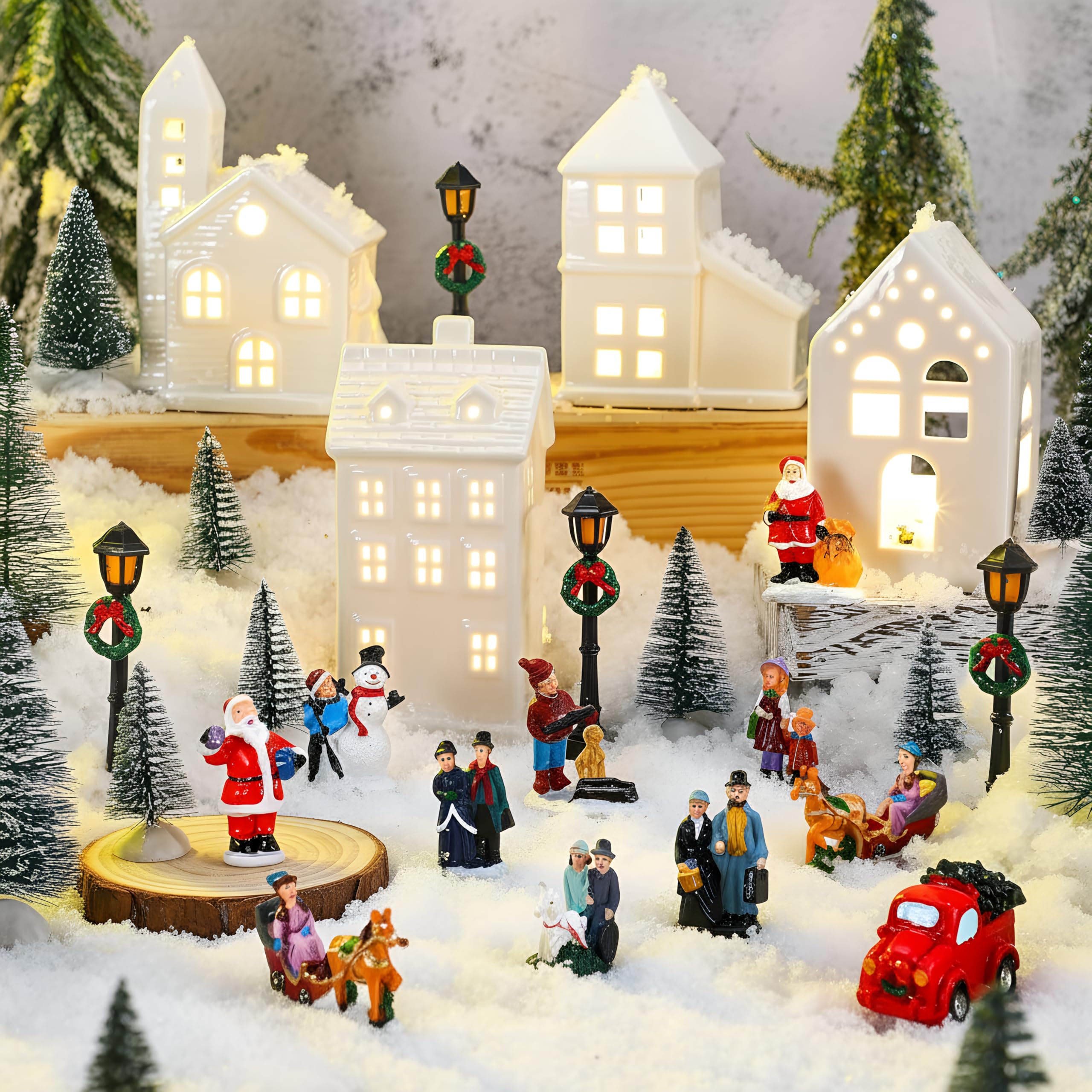 Soaoo Set da 25 pezzi di villaggio natalizio illuminato a LED, case di villaggio di Natale, mini figurine natalizie in miniatura per la collezione da tavolo mensola mensola accessori per interni