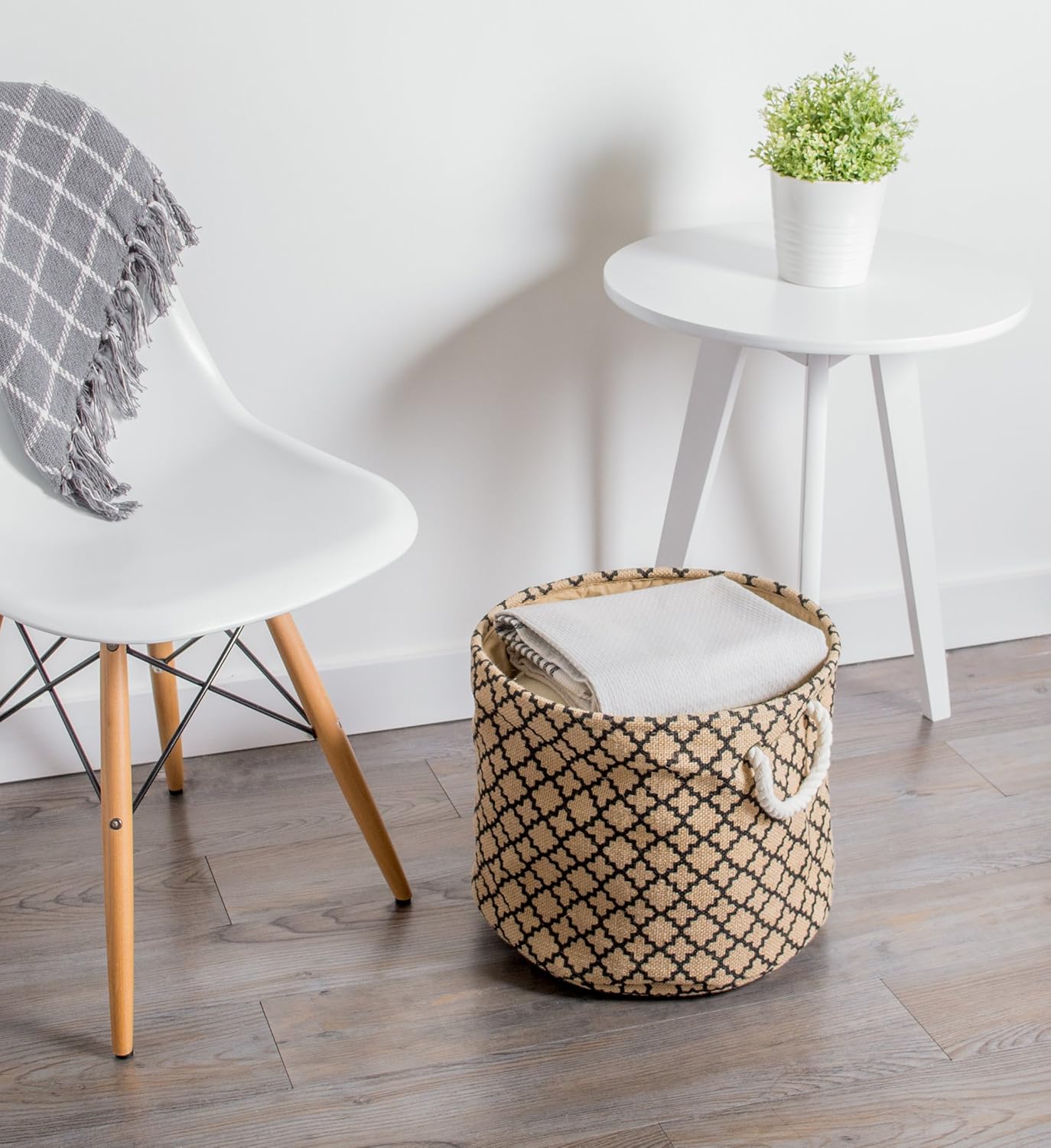 DII Collapsible Burlap Storage Basket or Bin with Durable Cotton Handles, Home Organizational Solution for Office, Bedroom, Closet, Toys, & Laundry (Large Round - 16x15), Black Lattice Outline