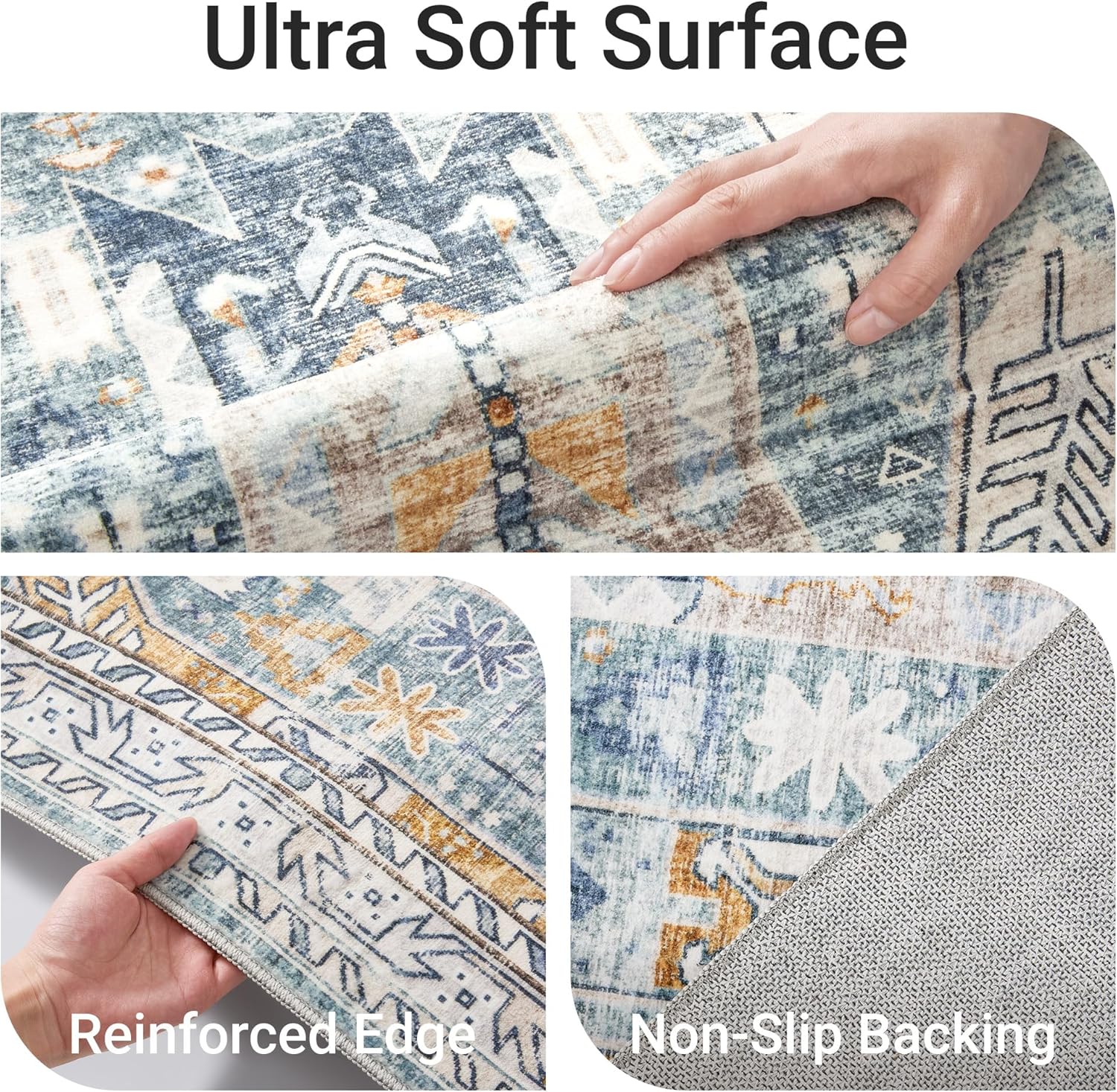 befbee 10x14 Area Rugs,Ultra-Thin Washable Rugs for Living Room,Non-Slip Lightweight Foldable Area Rug,Stain Resistant Vintage Large Rugs(Blue/Gold,10'x14')