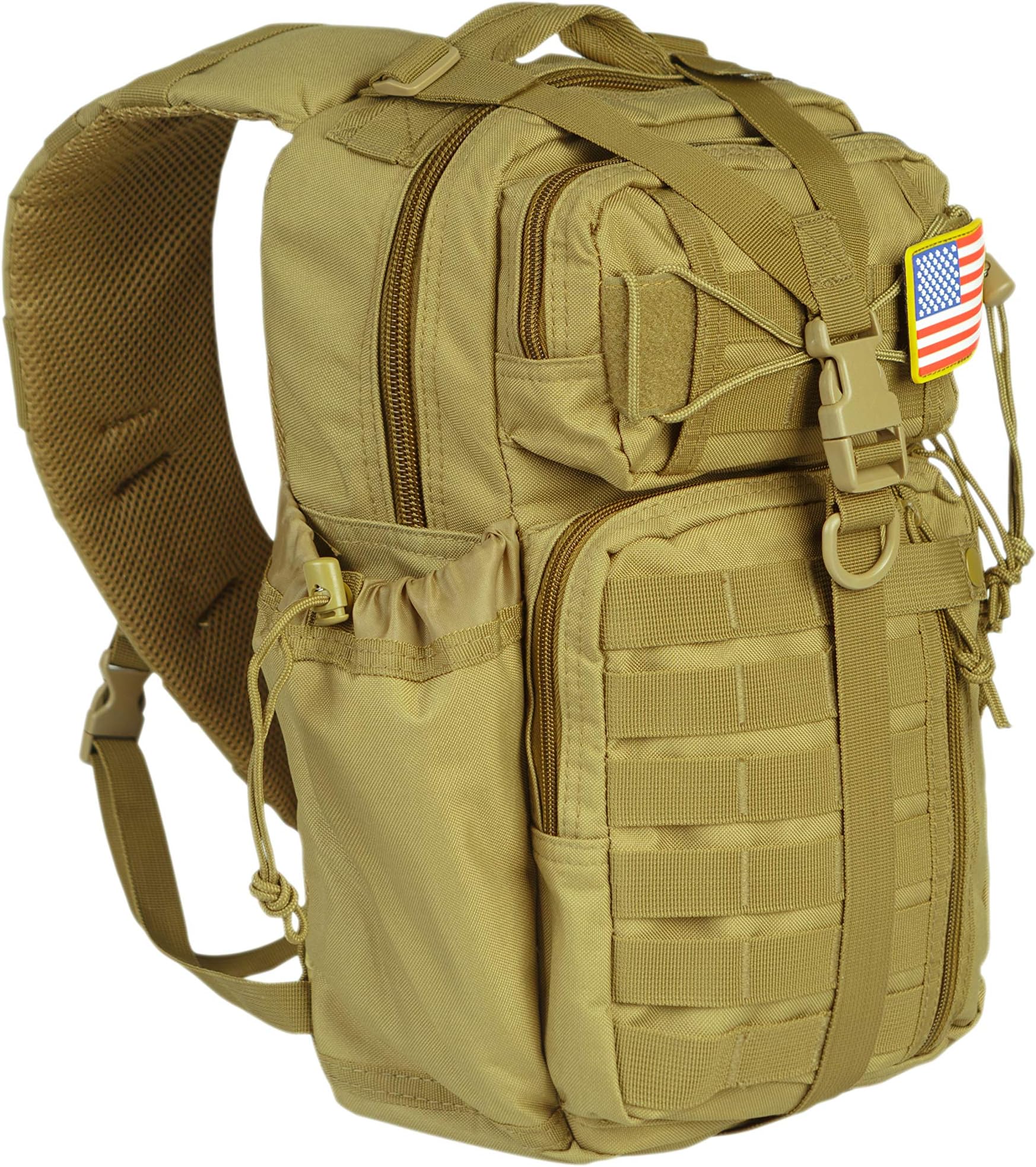 NHILES Tactical Sling Bag Outdoor Military MOLLE Shoulder Assault EDC Backpack, Gear Pack w/USA Patch, Coyote