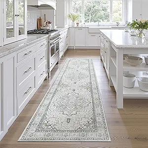Madane Runner Rug 2x8, Washable Hallway Runner Rugs, Non-Slip Low-Pile Soft Kitchen Rug Runner Laundry Room Rug, Vintage Throw Entry Foyer Mat for Entrance Living Room (Grey, 2 x 8)