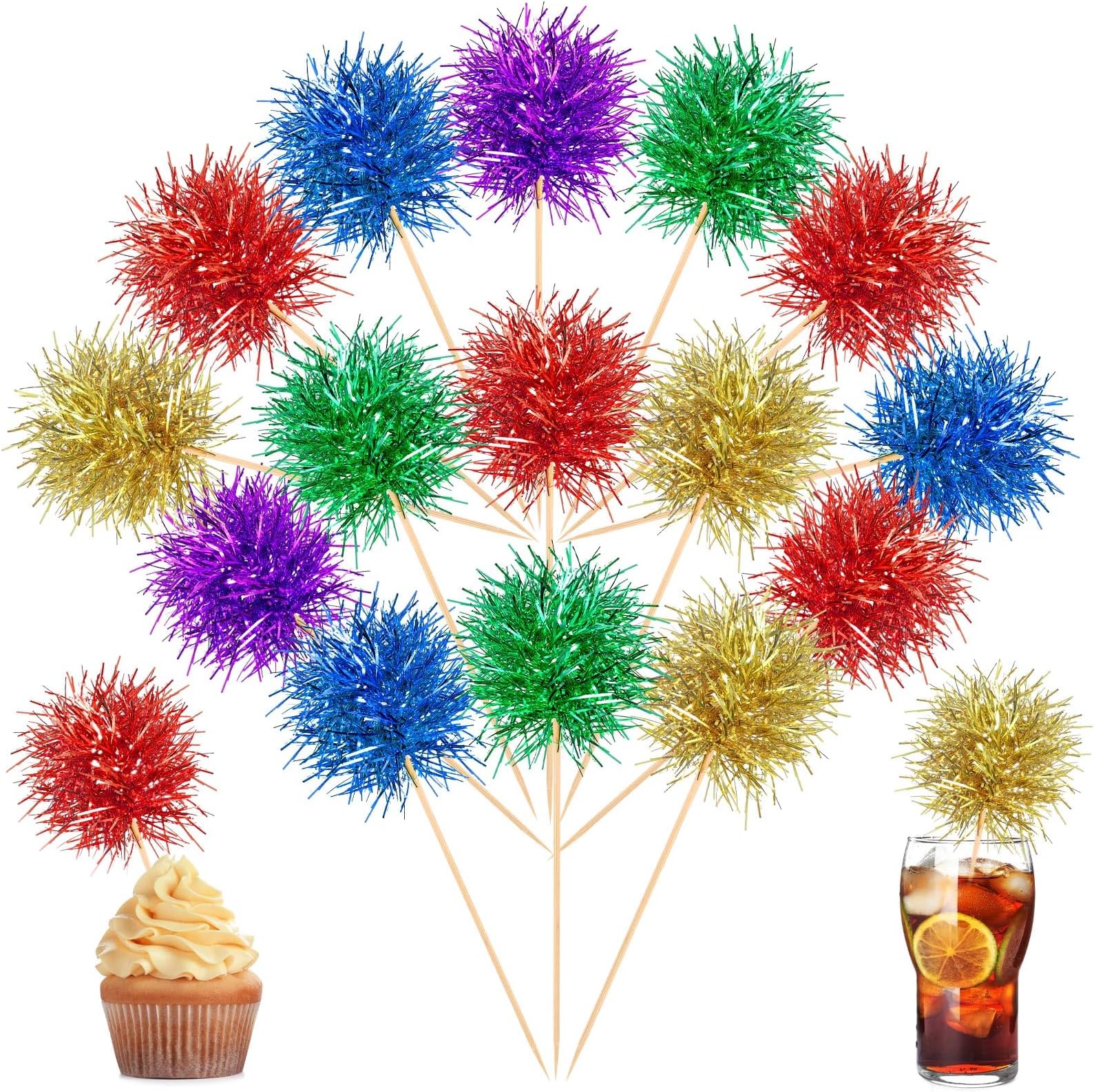 100 Pcs Foil Firework Cupcake Toppers Sparkle Tinsel Cake Toppers Cake Decoration Cocktail Fruit Toothpick for Christmas Birthday Wedding Graduation Party Decoration (Bright Color)
