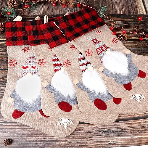 Miniatura 2 de LASPERAL Juego de 4 medias de Navidad de 20 pulgadas, de Papá Noel, grandes, de arpillera, a cuadros, para chimenea, para decoración de Navidad,