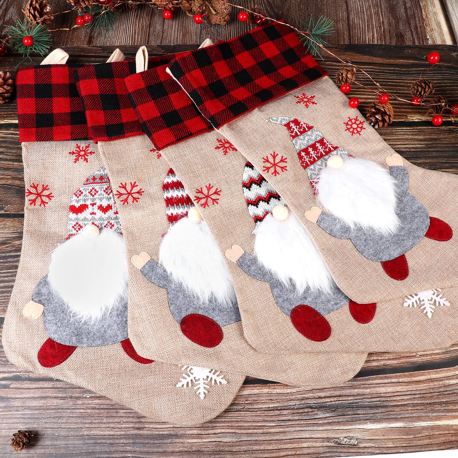 Cysincos Calze di Natale Personalizzate, Confezione da 4 Calze Grandi per Bambini, da Appendere, per Decorazioni Natalizie (Babbo Natale con Barba, con targhette per Nome)