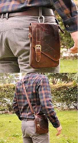 Miniatura 7 de Leaokuu Riñonera de cuero genuino para hombre bolso de hombro pequeño mensajero para teléfono cinturón El 6402 café Oscuro