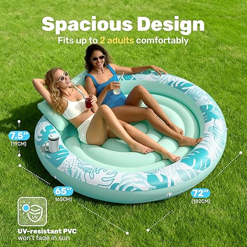 Miniatura 2 de SLOOSH Flotador inflable para piscina de bronceado, flotadores de piscina de 72 x 56 pulgadas para adultos con almohada, flotador redondo 4 en 1,
