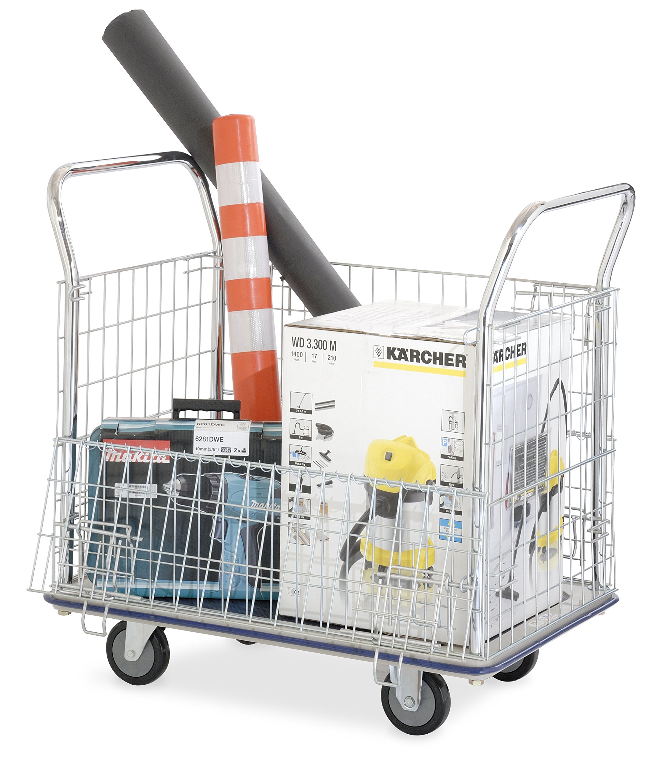 GW-213 Chariot de stockage grillagé à plateforme, en acier inoxydable plaqué zinc, avec charge maximale de 370 kg, 96 x 61 x 100 cm (largeur x profondeur x hauteur), Bleu