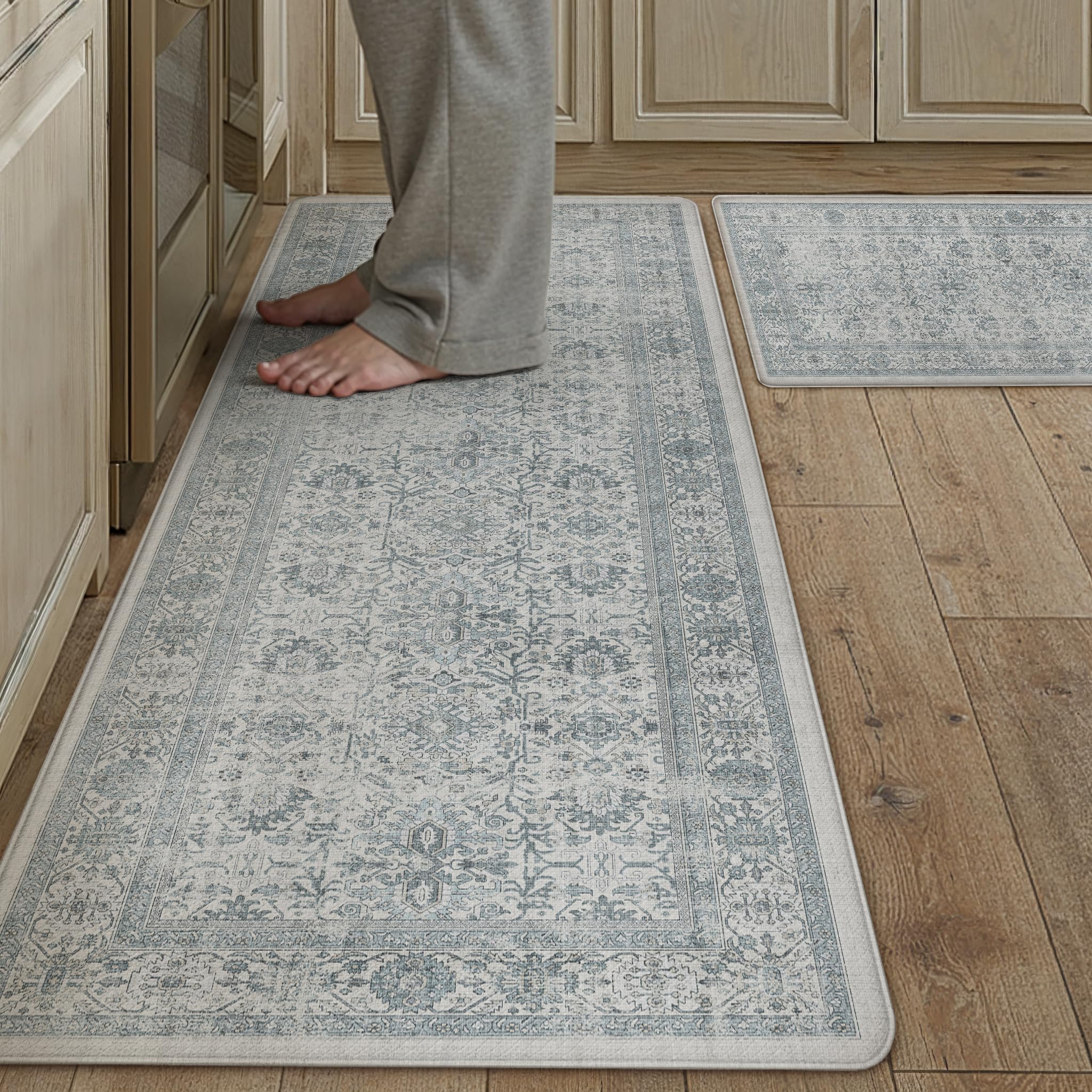 Kitchen Mats 2PCS Anti Fatigue Cushioned Mat Beige Vintage Kitchen Mats for Floor Waterproof Non Slip Comfort Standing Oriental Medallion Rug for Sink Laundry Office 17.3"x47"+17.3"x30" — view 20