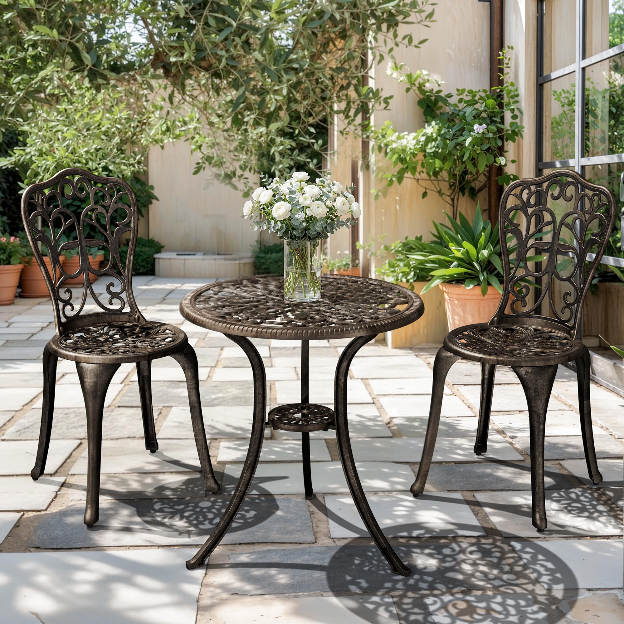 Pamapic Bistro Set 3-teilig, Bistrotisch mit 2 Stühlen & Schirmloch mit Sonnenschirmloch, Aluminium Gartenmöbel Set, Balkonmöbel Set für Terrasse, Veranda, Garten, Bronze