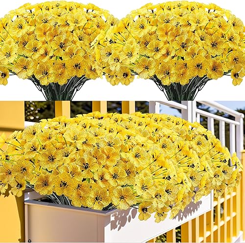 20 paquetes de flores artificiales para exteriores, resistentes a los rayos UV, color amarillo falso, plantas de plástico para primavera, flores de