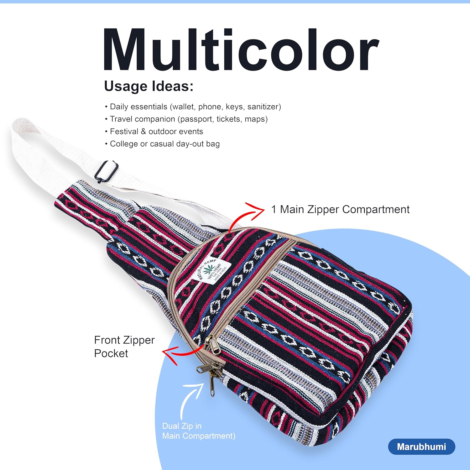 Marubhumi Hemp Small Backpack Cross Body Shoulder Himalayan Bag Adjustable Strap Men and Women Sling Bag Lightweight Daypack - Image 3