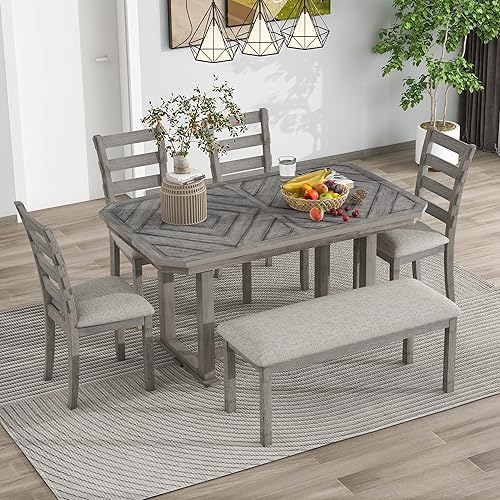 JIVOIT Juego de mesa de comedor rústica de 6 piezas con hermoso patrón de grano de madera juego de cocina de madera maciza con mesa de comedor