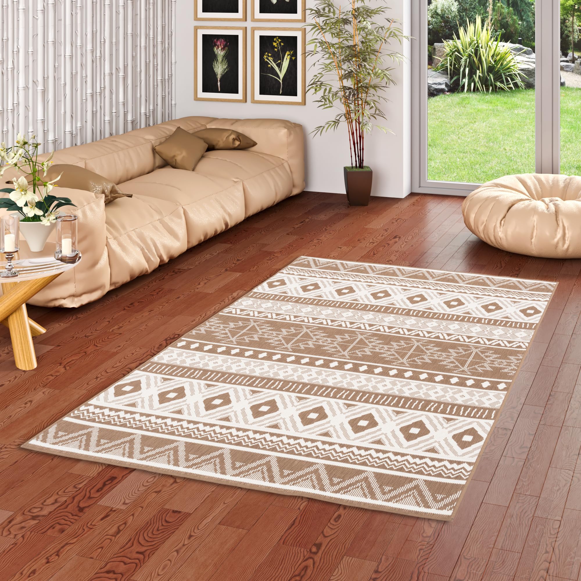 Pergamon Tapis intérieur & extérieur Cape Cod Ethno Beige Marron, Réversible, Imperméable, Résistant aux UV, Entretien Facile, Design Moderne - Dimensions Multiples