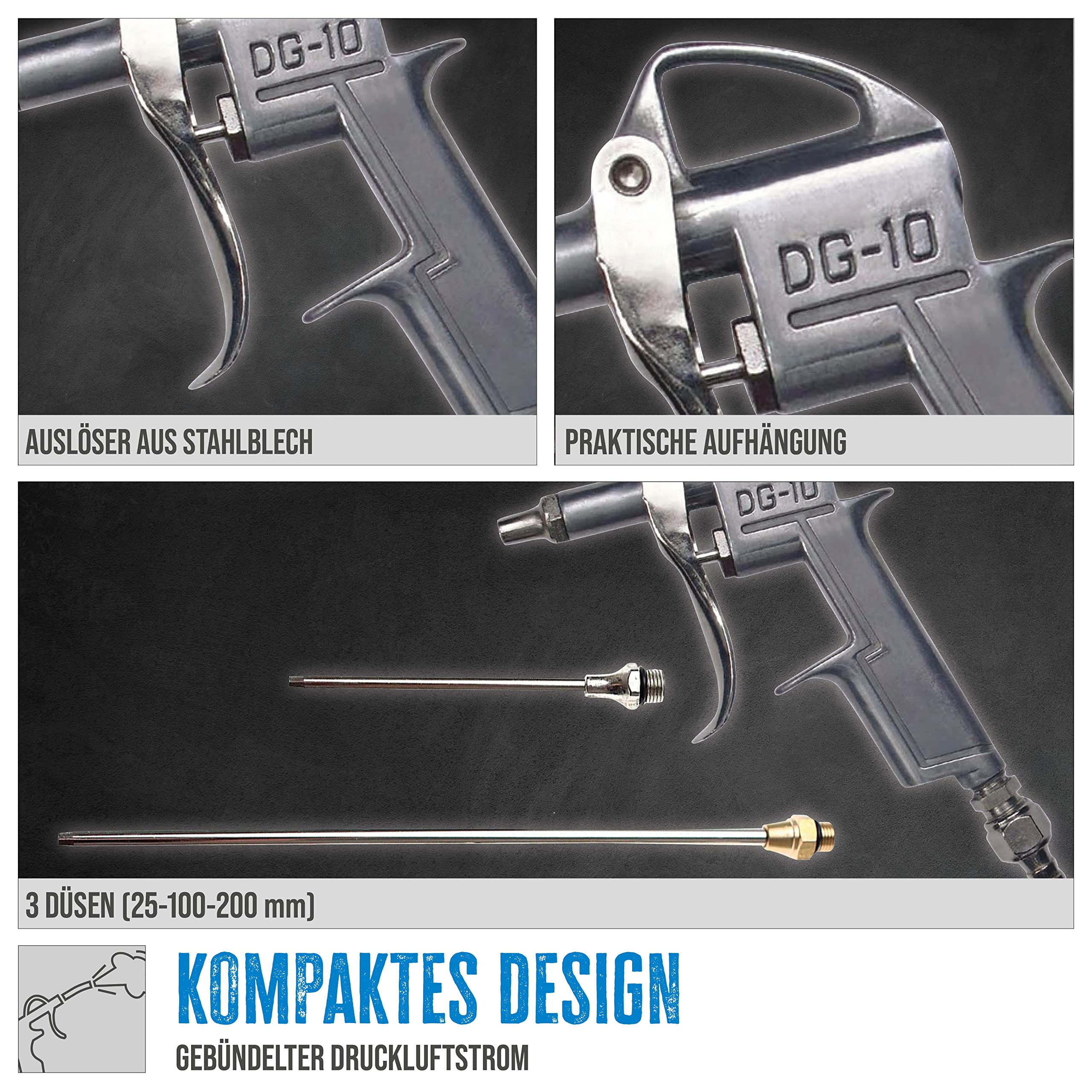 Güde 3-częściowy pistolet do wydmuchiwania sprężonego powietrza (obudowa z odlewu ciśnieniowego aluminium, gwint przyłączeniowy IG 1/4", ciśnienie robocze 8 bar, 120-600 l/min, zapotrzebowanie na