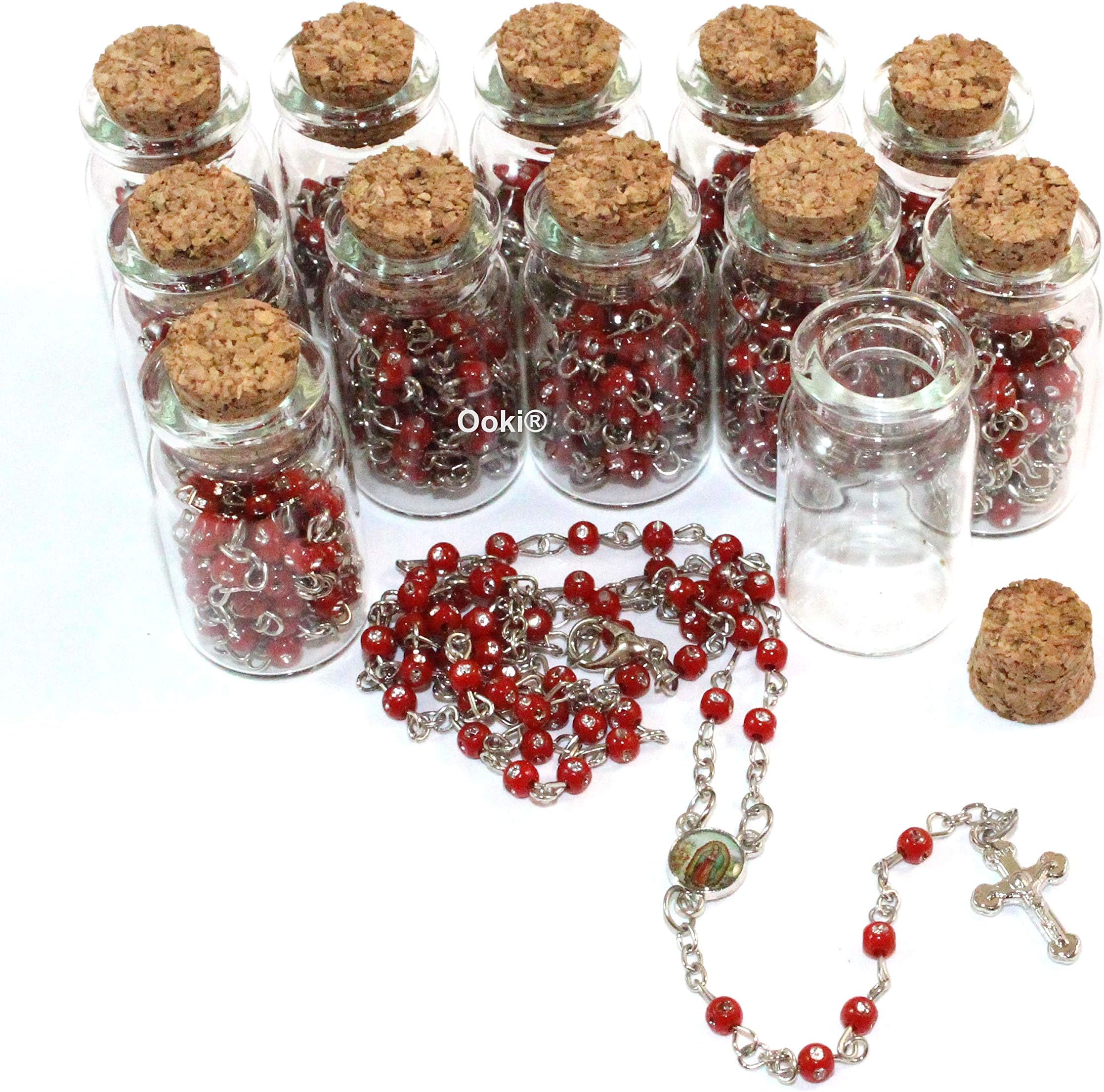OokiOoki 12pcs Rosary in Glass Jar Bottle Beads Red Beaded Rosary Silver Catholic Crucifix Necklace Virgin Mary lot of 12