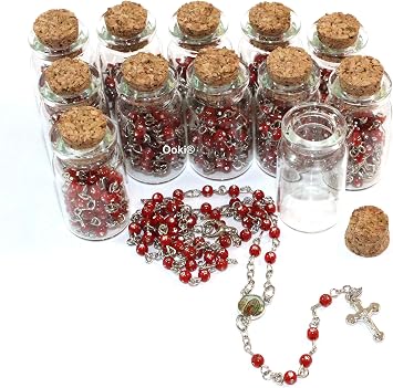 12pcs Rosary in Glass Jar Bottle Beads Red Beaded Rosary Silver Catholic Crucifix Necklace Virgin Mary lot of 12