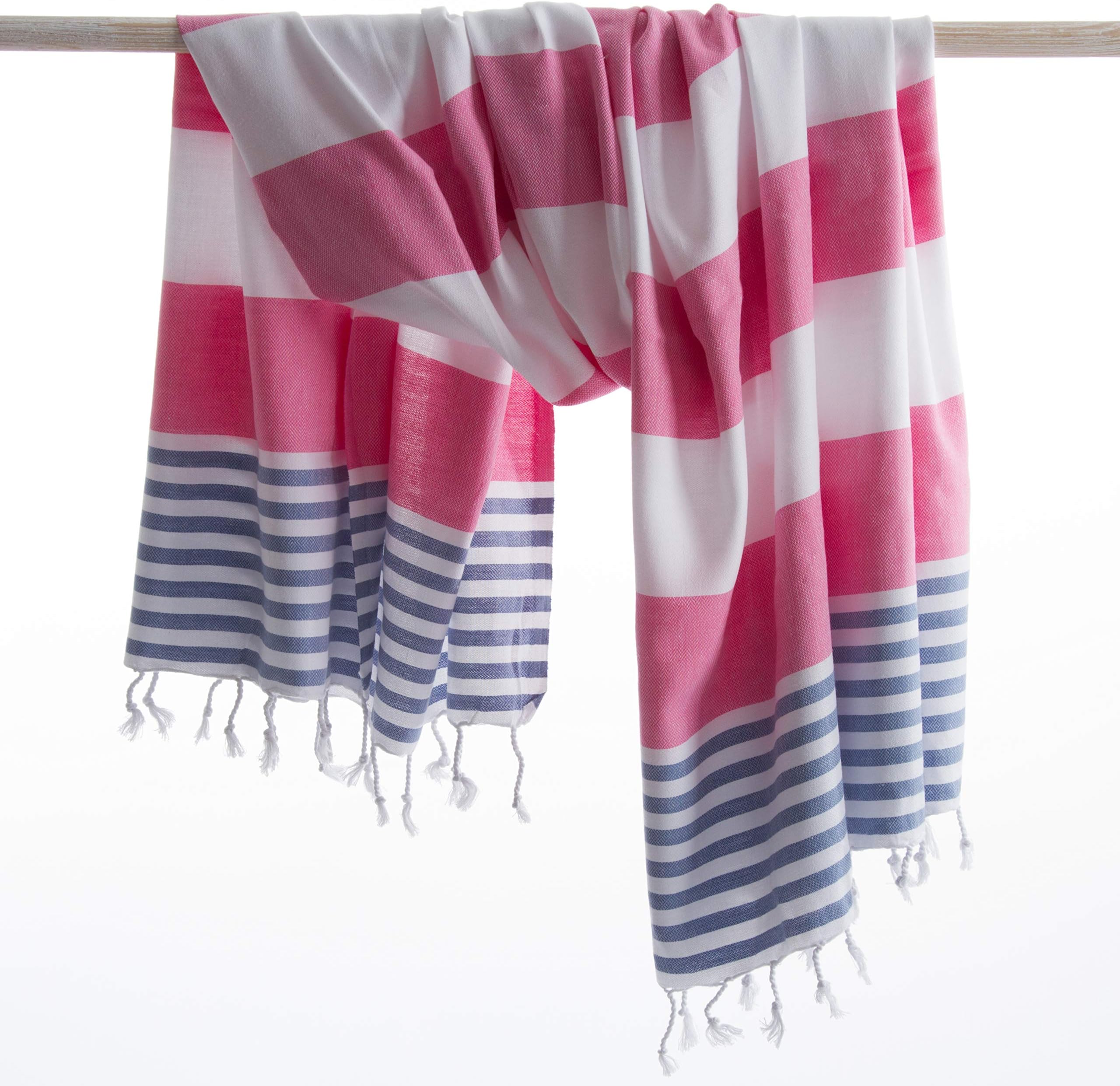 Marina Pink/Denim - Prewashed and Soft - Pestemal Turkish Beach Bath Towel - Hammam Turkish Towels - 100% Cotton - Peshtemal Beach Towels (Pink/Denim)
