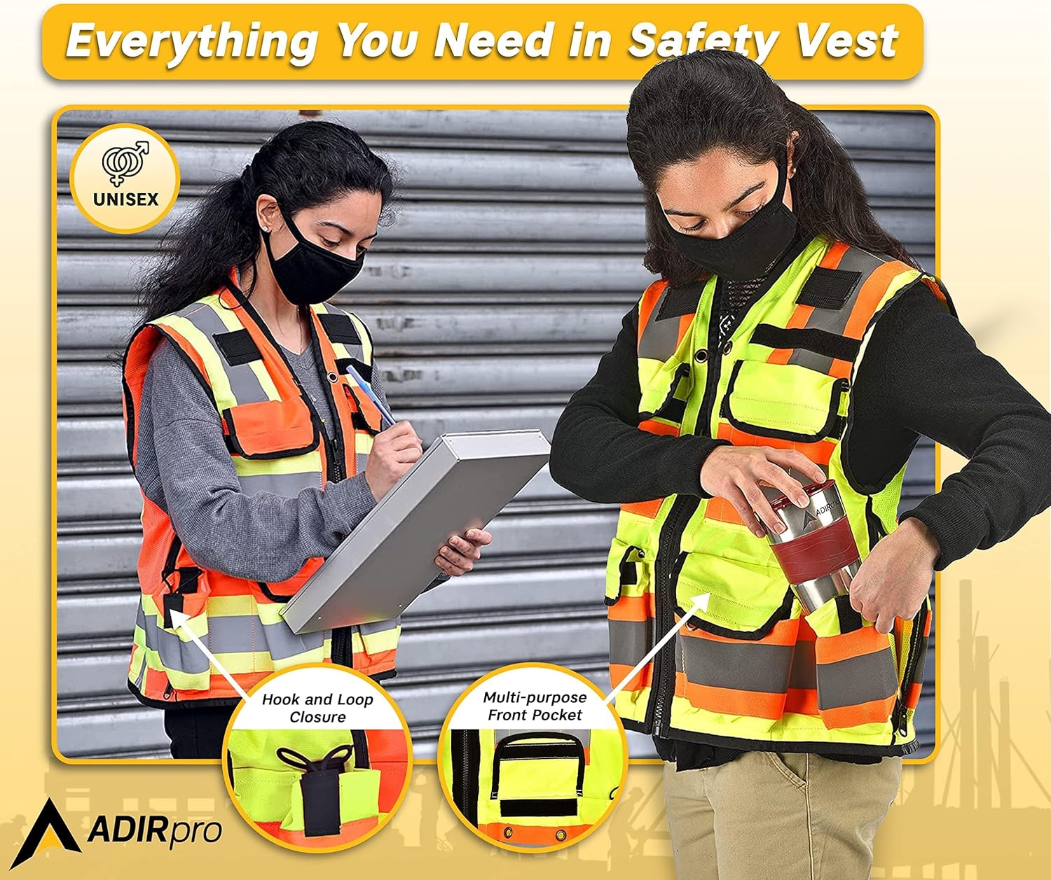 AdirPro Surveyor Safety Vest with Pockets - High visibility Reflective Construction Vest for Men - Class 2 Heavy Duty Vest ANSI Complaint for Contractors Safety Vest (Yellow, XL) - Image 7