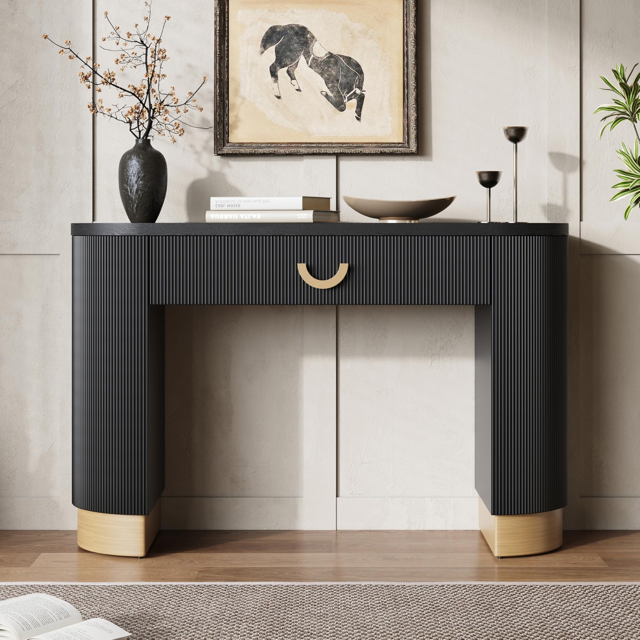Tavolo consolle moderno con cassetto funzionale e gambe a colonna curve, design verticale a coste, tavolo d'accento per ingresso, per corridoio, soggiorno o dietro il divano