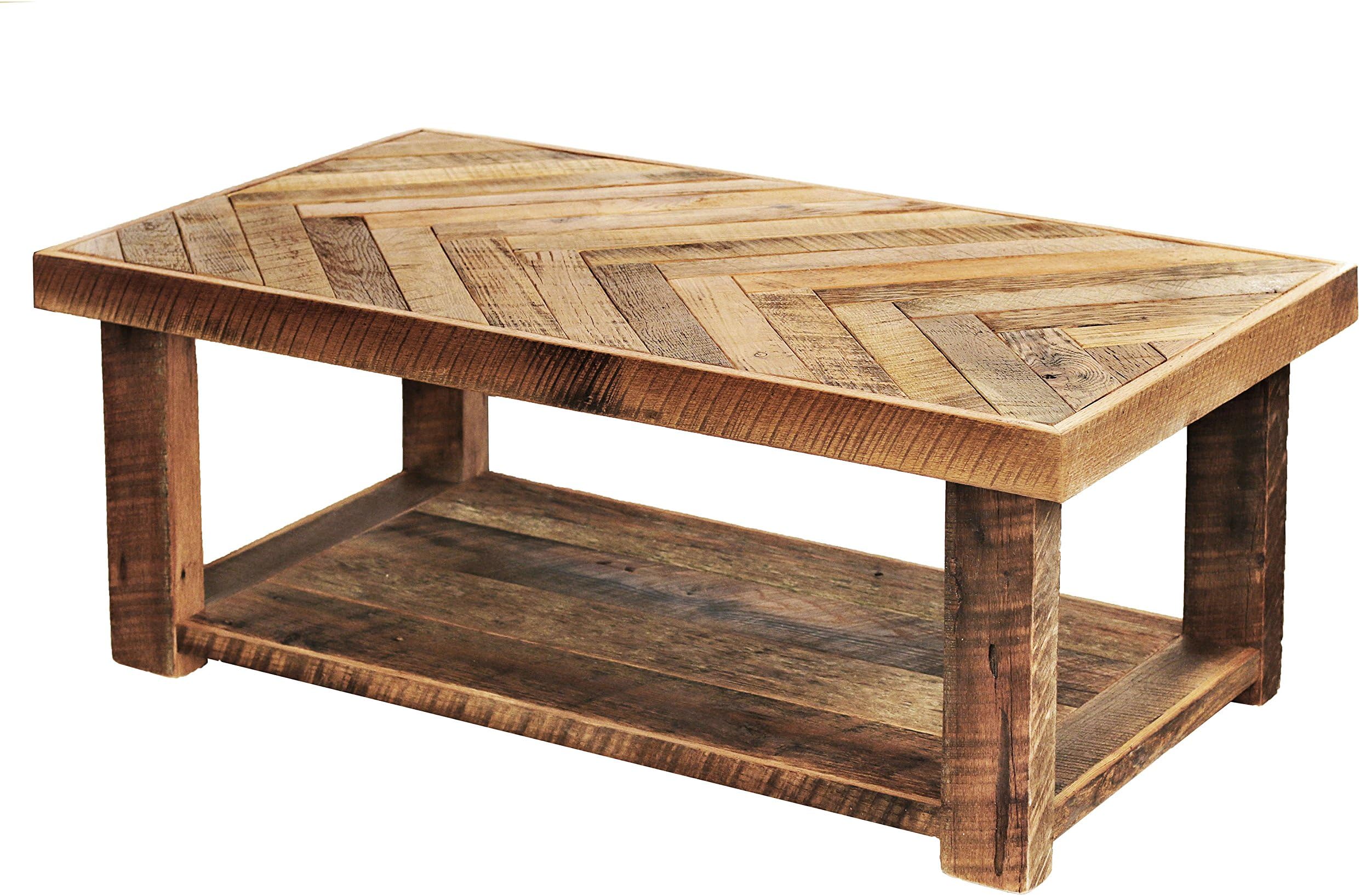 Reclaimed wood herringbone coffee table with bottom shelf